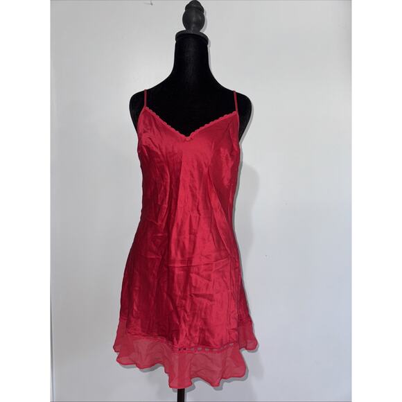 Vintage Y2K Victorias Secret 100% Silk Red Mini Slip Dress Lace Chiffon M - Picture 1 of 9
